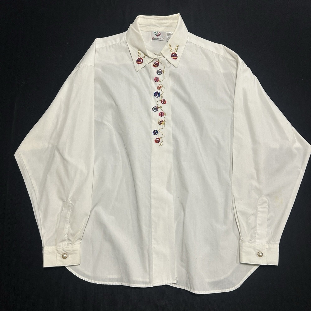Vintage Nut Cracker Button Up Shirt Women's XL Formal Embroidered Holiday White
